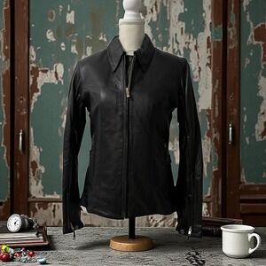 Power Trip‎ Leather Motorcycle Biker Jacket Flame Embroidered Sleeves Black XS